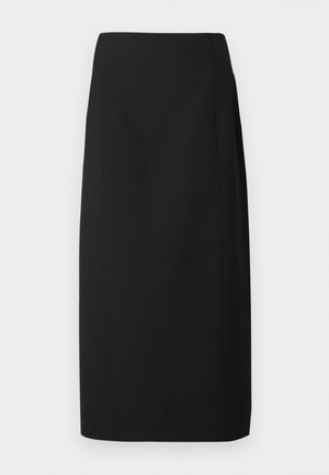 Svart pennkjol i slätt tyg, med rak skärning och rena linjer, utan dekorationer eller mönster.