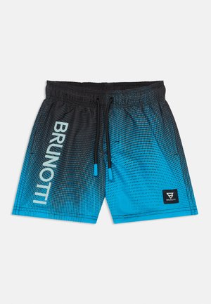Short de bain dégradé noir et bleu avec motif à pois, taille élastique, cordons noirs, texte "BRUNOTTI" et patch logo de la marque à l'avant.