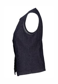 Hihaton liivi, joka on valmistettu tummasta, teksturoidsesta kankaasta, jossa on pystysuorat raidat. Siinä on pyöreä kaula-aukko ja suorat leikkuureunat.