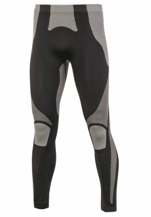 Leggings neri con un design aderente, dotati di pannelli in rete grigia, dettagli testurizzati e rinforzo alle ginocchia per durabilità e supporto.