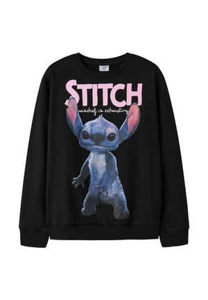 Czarna bluza z długim rękawem z dużą postacią Stitcha i różowym tekstem "STITCH" oraz mniejszym białym tekstem "mischief is exhausting" z przodu.