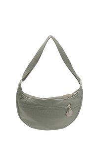 Borsa in stile hobo in tessuto verde tenue con una silhouette curva, chiusura con zip e due nappine decorative sul fronte.