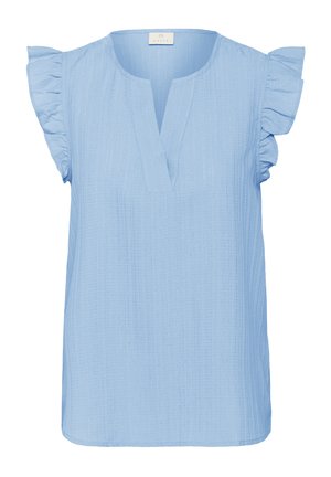 Svijetloplava bluzica s kratkim volanastim rukavima, V-izrezom i teksturiranim materijalom koji ima suptilni prugasti uzorak. Dizajn opuštenog kroja.
