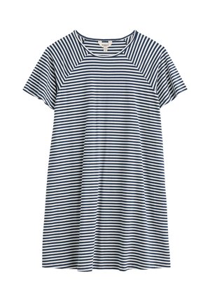 Īsā piedurkņu kleita tumši zilās un baltās svītrās ar apaļu izgriezumu un raglana piedurkņu dizainu.