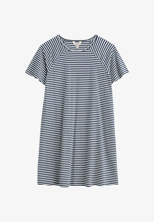 Lühikeste varrukatega mereväe- ja valgete triipudega kleit, millel on ümmargune kaelus ja raglaanvarrukate disain.