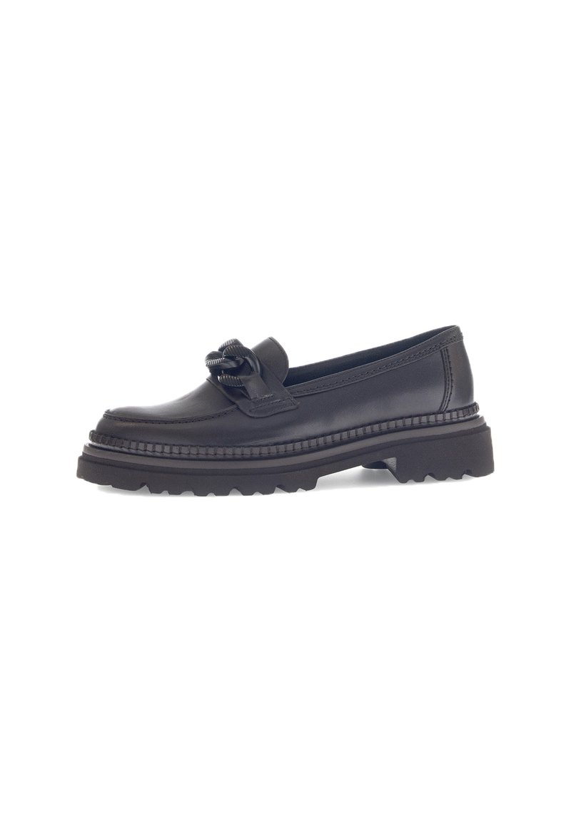 Zwarte leren loafers met een gevlochten details, een chunky zool en gestikte accenten, met een gladde oppervlakte en een ronde neus.