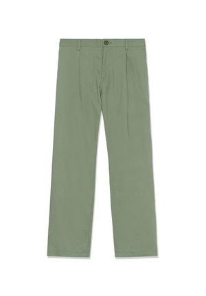 Helerohelised, kerged püksid, millel on sirged sääred, esiplaadid ja üks nööp vöökohal. Sile tekstuur, ilma mustriteta.