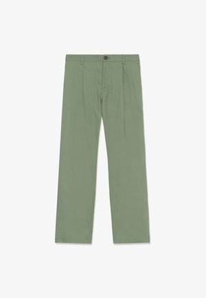 Svetlo zelene lahke hlače z ravno nogo, sprednjimi naborki in enim gumbom na pasu. Gladek tekstura, brez vzorcev.