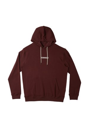 Un hoodie marron avec une poche kangourou à l'avant, une capuche avec cordon de serrage, et le logo "DC Shoes" en blanc sur la poitrine. Tissu lisse avec des poignets côtelés.