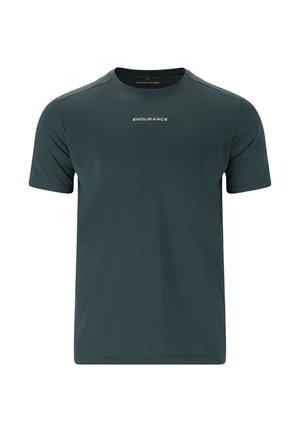 Dunkelgrünes kurzärmeliges Sport-T-Shirt aus atmungsaktivem Material. Verfügt über einen runden Halsausschnitt und das Logo "ENDURANCE" zentral auf der Brust.