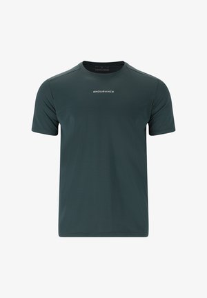 Dunkelgrünes kurzärmeliges Sport-T-Shirt aus atmungsaktivem Material. Verfügt über einen runden Halsausschnitt und das Logo "ENDURANCE" zentral auf der Brust.
