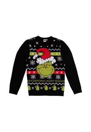 Schwarzer Strickpullover mit grünem Grinch-Gesicht, rotem Weihnachtsmann-Hut, weißen Schneeflocken und festlichem Text. Gestreiftes Muster in roten und grünen Akzenten.