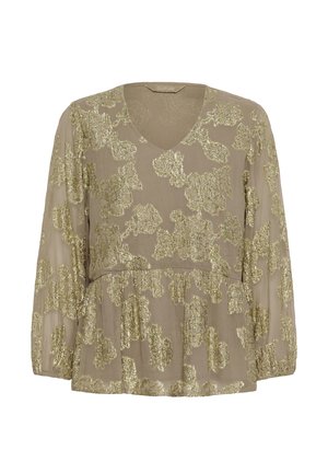 Béžová blúzka s dlhým rukávom, výstrihom do V a zlatou kvetinovou metalickou výšivkou, voľného strihu s nariaseným pásom a manžetami na rukávoch.