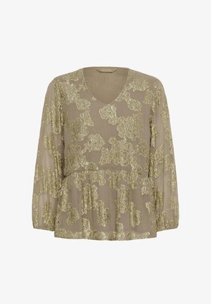 Beige blouse met lange mouwen, V-hals en goudkleurig bloemmotief met metallic borduurwerk, losse pasvorm met geplooide taille en geribbelde manchetten.