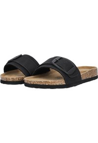 Sandales noires à semelle plate avec une boucle réglable, semelle en liège et semelle en caoutchouc. Présente un dessus lisse et un design à bout ouvert pour plus de confort.