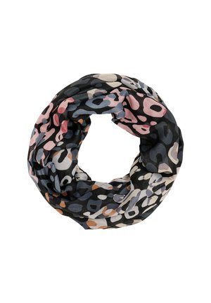 Mehrfarbiger Unendlichkeitsschal mit schwarzem Grund und abstrakten Mustern in Pink, Blau und Beige. Aus leichtem Stoff gefertigt.