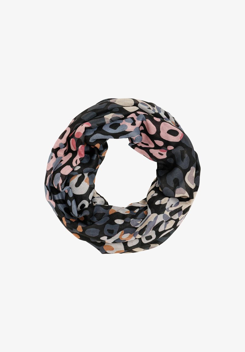 Multicolored infinity scarf featuring a black base with abstract patterns in pink, blue, and beige. Made of lightweight fabric.