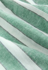 Zaļa un balta svītraina auduma virsma ar nedaudz teksturētu faktūru. Svītras papildina smalkas pelēkas līnijas, radot nevainojamu rakstu.