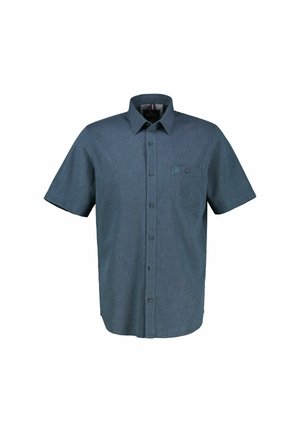 Short-sleeve button-up shirt in dark blue fabric, featuring a chest pocket and subtle texture. Classic collar with buttons down the front.