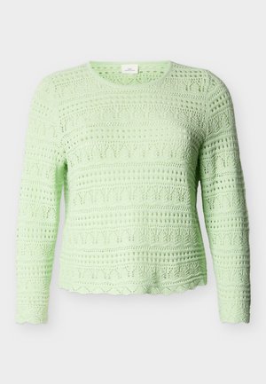 Πλεκτό πουλόβερ σε μέντα πράσινο με μακριά μανίκια, διακοσμημένο με σχέδιο ανοιχτής ύφανσης, υφασμάτινα μοτίβα και κυματιστό τελείωμα.
