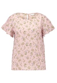 Blusa a fiori in morbido tessuto rosa con maniche a farfalla e dettaglio a chiave sulla schiena. Motivi di fiori verdi e blu su tutta la superficie.