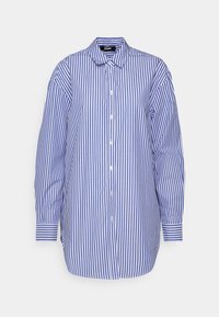 Camicia button-up a righe blu e bianche con colletto, maniche lunghe e pattina con bottoni. Presenta una vestibilità comoda e un tessuto testurizzato.