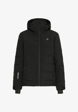 Czarna pikowana kurtka z kapturem, z zamkiem błyskawicznym z przodu, bocznymi kieszeniami i elastycznymi mankietami. Materiał ma gładką fakturę, oznaczony "W.P. 10000."