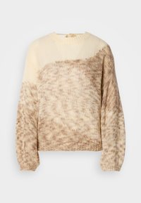 Strikkegenser med rund hals, beige og lysebrune toner, teksturert mønster og lange ermer med en litt cropped passform.