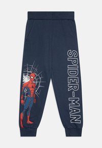 Tummansinisiä lasten housuja, joissa on Spider-Man -kuvio vasemmassa lahkeessa ja pystysuora "SPIDER-MAN" -teksti oikeassa lahkeessa, joustava vyötärö ja hihnat.