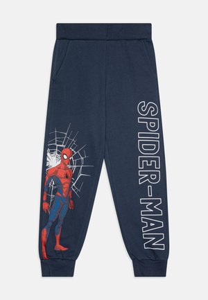 Navy sweatpants met een grote Spider-Man graphic en "SPIDER-MAN" tekst in het wit. Gemaakt van zachte stof met elastische boorden en zakken.