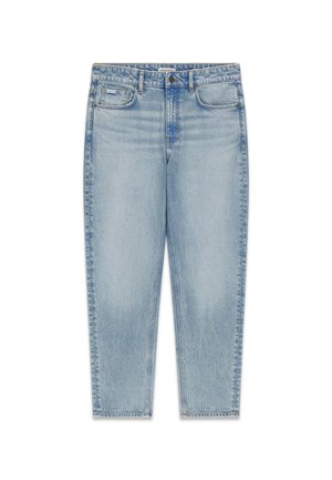 Svetlo modre kavbojke iz jeansa z ravnim krojem hlačnic, pet žepnim dizajnom, zapiranjem na gumbe in rahlim bledenjem. Brez vidnih vzorcev ali okraskov.