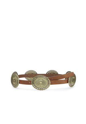 Brown leather belt with five large oval gold-toned decorative conchos evenly spaced around it on a white background.