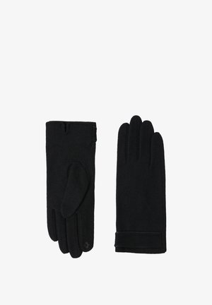 Černé vlněné rukavice s hladkou texturou, které mají klasický design, těsný střih a detail manžety pro zvýšení tepla.