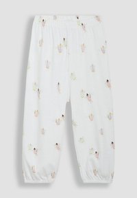 Hvide pyjamabukser med elastisk talje og elastiske manchetter, der har et gentaget fe-motiv i pastelfarver. Fremstillet af blødt stof.