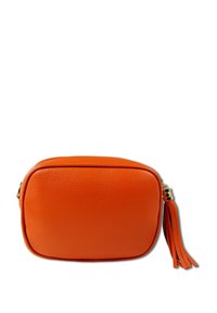 Orange leather bag with a rectangular shape, featuring a smooth texture and a tassel accent on the zipper. Gold hardware detail.