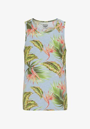 Sleeveless tank top in light blue fabric featuring a tropical leaf and flower pattern in green and pink. Round neckline with a smooth texture.