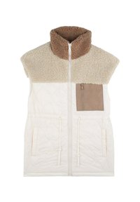 Vesta matlasată în crem, cu un guler și o porțiune superioară din fleece bej. Dispune de un buzunar frontal cu fermoar și două buzunare laterale cu șnur.