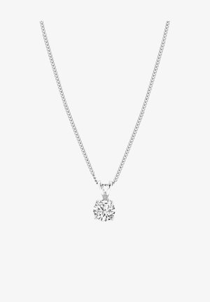 Zilveren ketting met een ronde, facet geslepen, transparante edelsteen hanger, met een gepolijste afwerking en fijne details in de zetting.