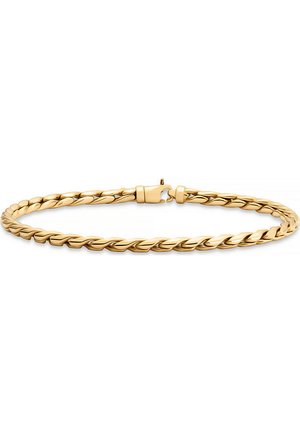 Goldfarbene Kettenarmband, gedrehte Form mit glatter Oberfläche, ausgestattet mit einem sicheren Verschluss. Leicht und flexibel, geeignet für den Alltag.