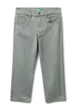 Pantaloni in misto cotone grigi con design a gamba dritta, tasche frontali, chiusura con bottone e cuciture a contrasto lungo le cuciture.