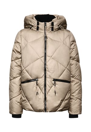 Tan pufferjack met een gewatteerd patroon, rits aan de voorkant, twee zwarte ritszakken en een zwart gevoerde capuchon. Voorzien van verstelbare trekkoorden.
