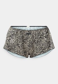 Shorts en imprimé léopard avec une doublure intérieure douce, une taille noire et un passepoil contrastant. Le matériau est lisse et offre une coupe décontractée.