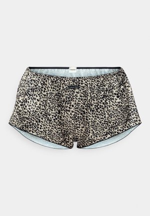 Šortsevi s uzorkom leoparda, s mekanom unutarnjom podstavom, crnim pojasom i kontrastnim obrubom. Materijal je gladak s opuštenim krojem.