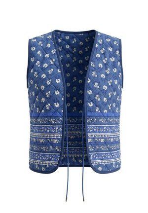 Gilet trapuntato senza maniche blu con motivi floreali bianchi e strisce decorative orizzontali, con lacci frontali e bordo blu navy.