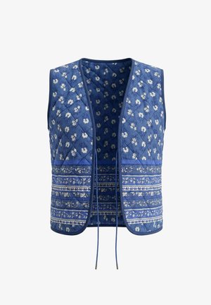 Quiltet ærmeløs vest i blå med hvide blomsterprint og vandrette dekorative striber, med frontbind og marineblå kant.