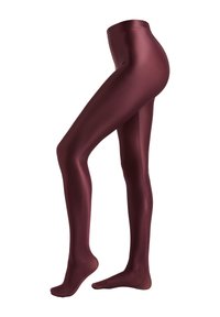 Collants opaques bordeaux en matière lisse et brillante, dotés d'une taille haute et d'une coupe ajustée qui épouse étroitement les jambes.