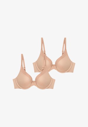 Sujetadores beige con copas lisas y tirantes ajustables, con un diseño sin costuras y aro para soporte, vendidos en un pack de dos.