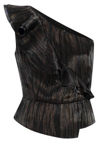 Czarny top na jedno ramię z teksturowanym, plisowanym wzorem, z metalicznymi złotymi paskami i falbaną na rękawie. Dopasowany dół w stylu peplum.
