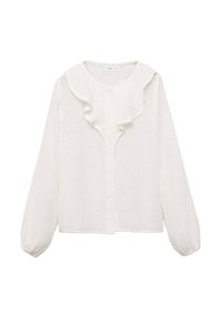 Weiße Bluse mit langen Ärmeln, Knopfleiste und Rüschendetail am Kragen, aus leichtem, strukturiertem Stoff.