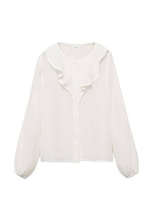 Weiße Bluse mit langen Ärmeln, Knopfleiste und Rüschendetail am Kragen, aus leichtem, strukturiertem Stoff.
